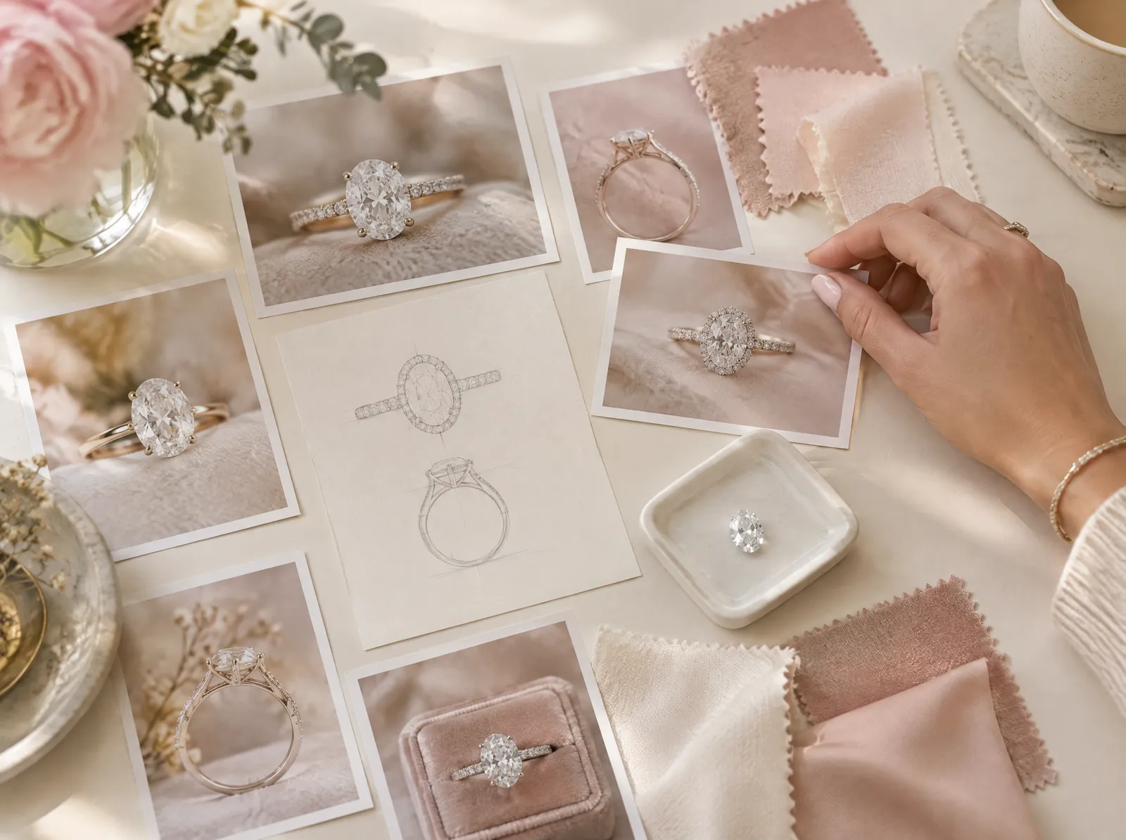 A moodboard of ring photos, sketches and blush fabric swatches for a custom engagement ring